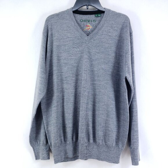 Orvis Mens X-Large Gray V-Neck Merino Wool Blend Sweater - Picture 1 of 8